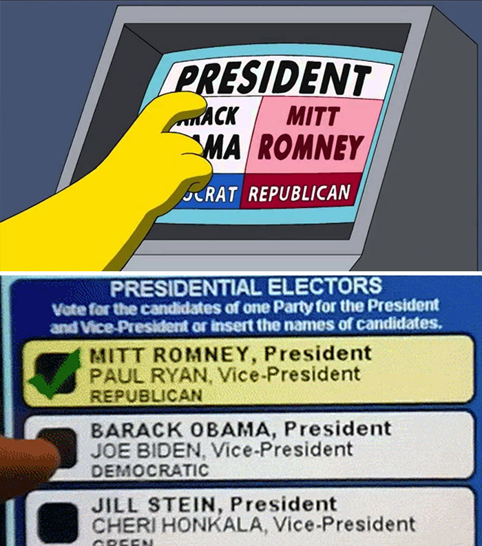 Hand selecting presidential candidates on a touchscreen, illustrating cartoons guessing what will happen in the future.