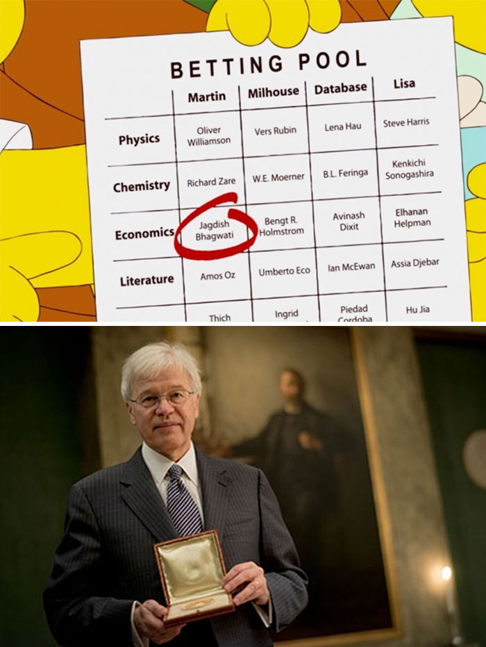 Cartoons guessing future events shown by a betting pool and a man holding an award in a formal setting.