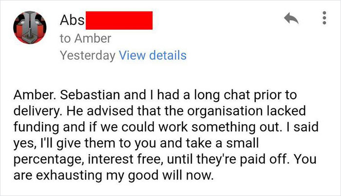 Entitled Charity Employee Doesn't Understand Basic Economics, Ends Up Losing $6000 Worth Of Equipment From Donor With Her Attitude Entitled Charity Employee Doesn't Understand Basic Economics, Ends Up Losing $6000 Worth Of Equipment From Donor With Her Attitude