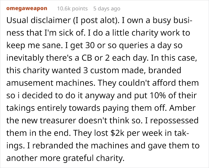 Entitled Charity Employee Doesn't Understand Basic Economics, Ends Up Losing $6000 Worth Of Equipment From Donor With Her Attitude Entitled Charity Employee Doesn't Understand Basic Economics, Ends Up Losing $6000 Worth Of Equipment From Donor With Her Attitude