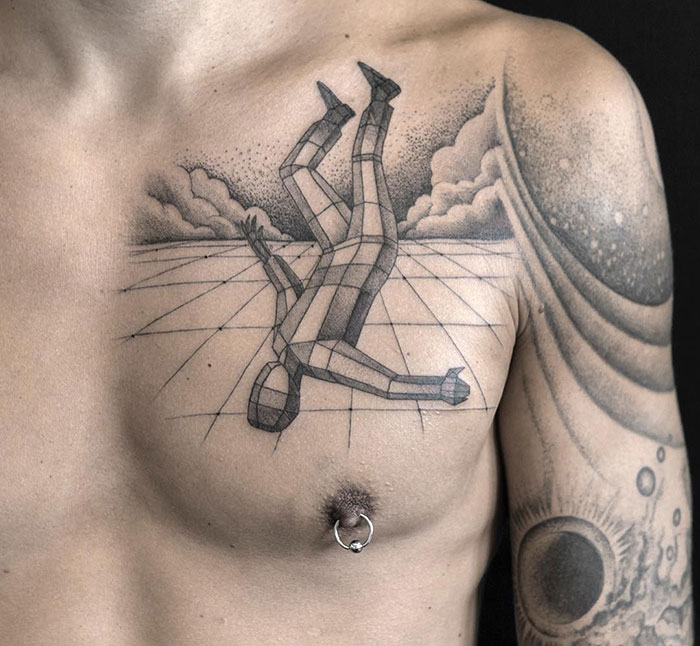 Geometric chest tattoo design featuring a falling figure in a surreal landscape.