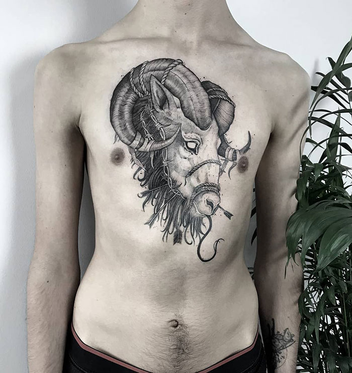 Chest tattoo idea featuring a detailed ram design on a person's torso, showcasing incredible ink artistry.