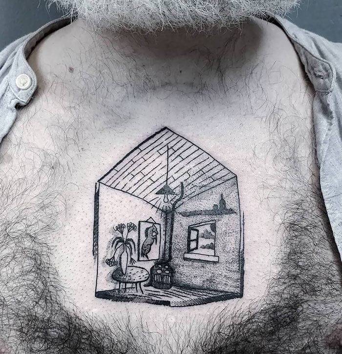 Incredible chest tattoo of a detailed room scene with plants and furniture.