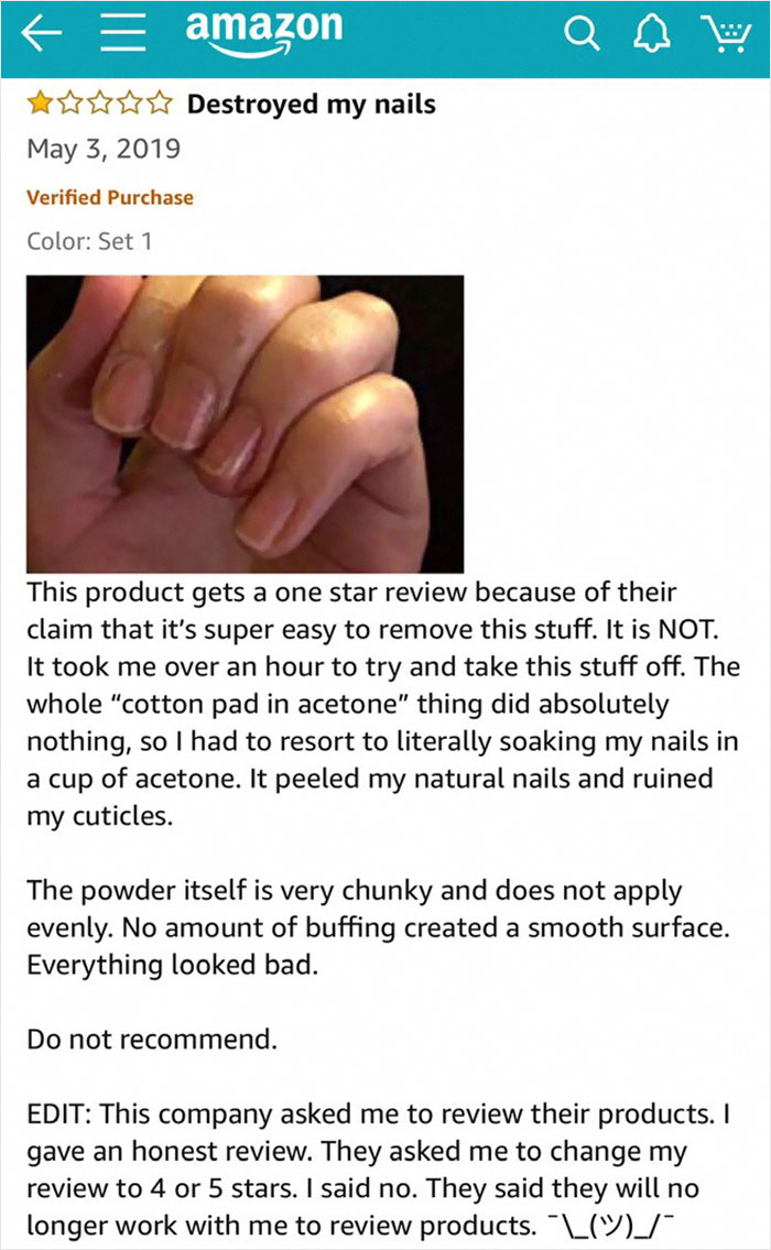 Woman Leaves 1 Star Review For Nail Powder Received From Chinese Company, They Try To Harass Her Into Changing It Woman Leaves 1 Star Review For Nail Powder Received From Chinese Company, They Try To Harass Her Into Changing It