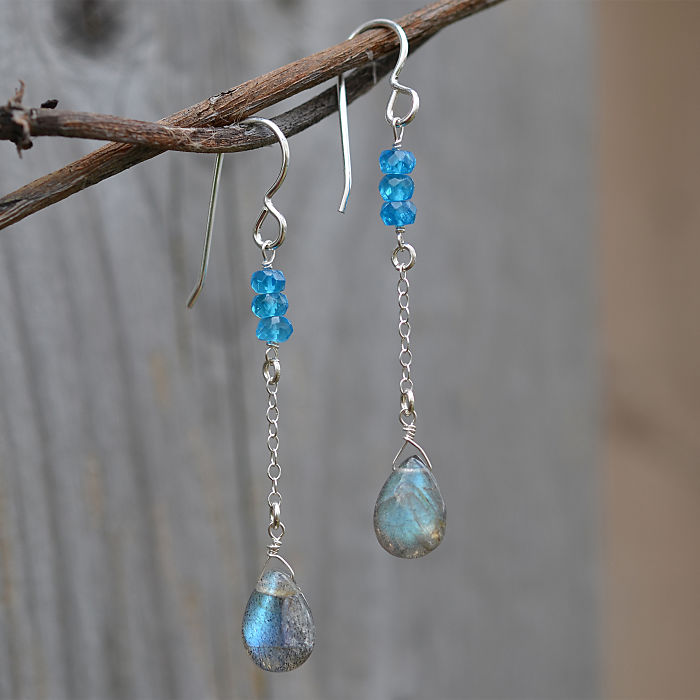 Labradorite, Neon Blue Apatite Gemstone Earrings With 925 Sterling Silver