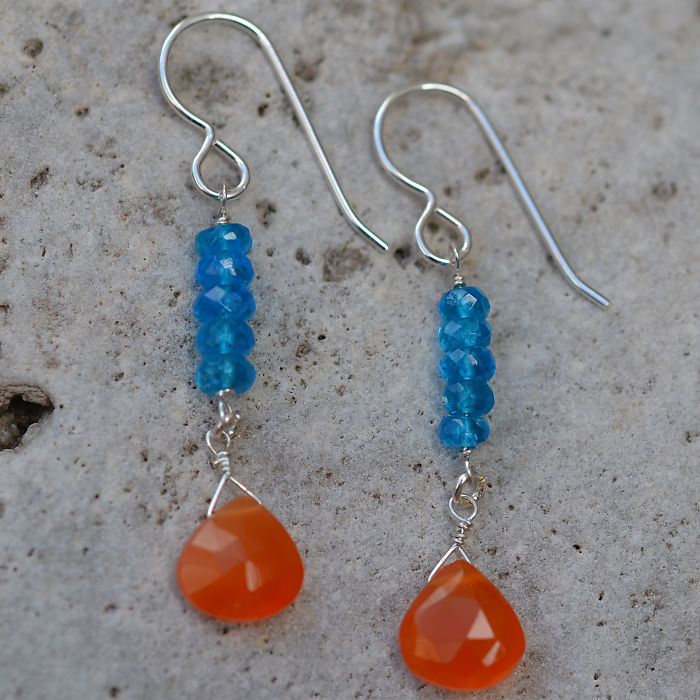 Carnelian, Neon Blue Apatite Gemstone Earrings With 925 Sterling Silver