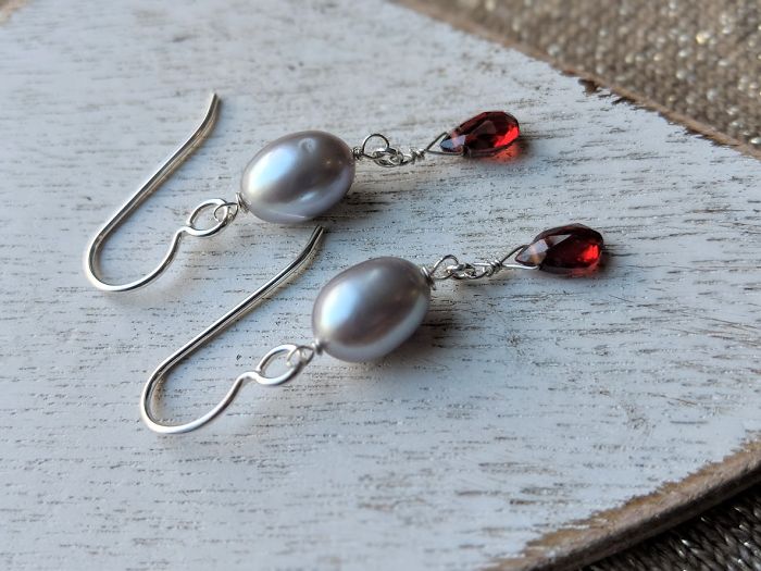 Pearl And Garnet Gemstone Earrings With 925 Sterling Silver