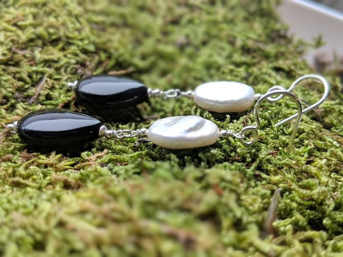 Black Onyx, Coin Pearl Gemstone Earrings With 925 Sterling Silver