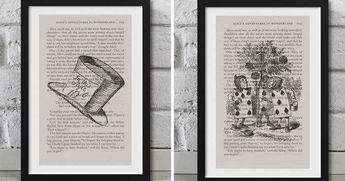 Alice In Wonderland Artwork Printed On Top Of Book Pages