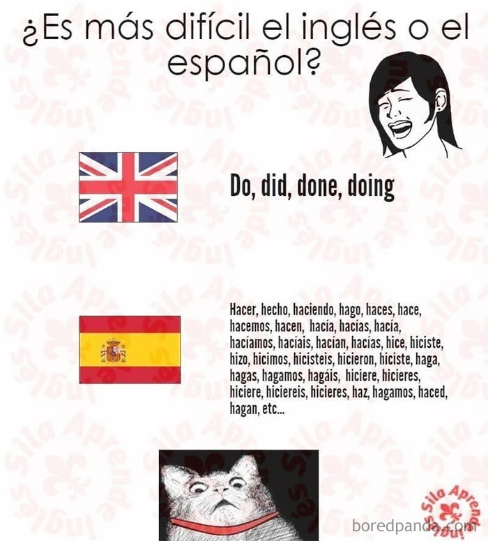 Comparison meme of Spanish vs. English verb forms with humorous illustration.