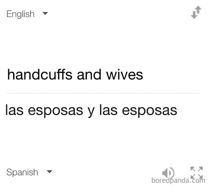 Spanish language meme with "handcuffs and wives" translated to "las esposas y las esposas."