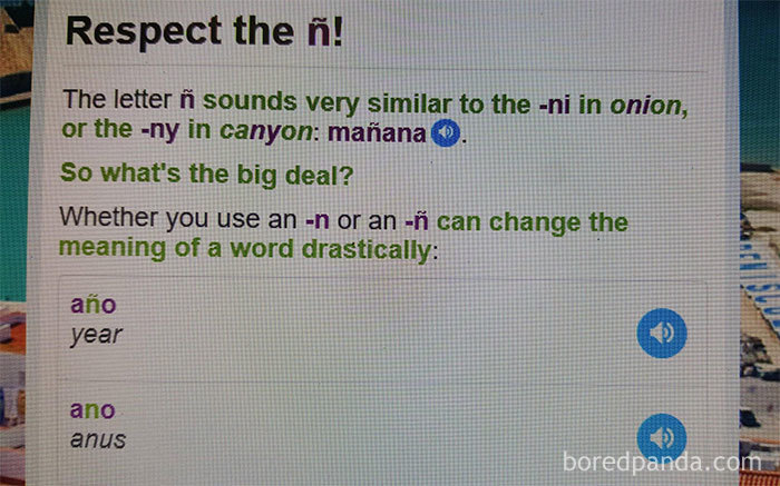 Text explaining the importance of ñ in the Spanish language with examples of how its use changes meanings.