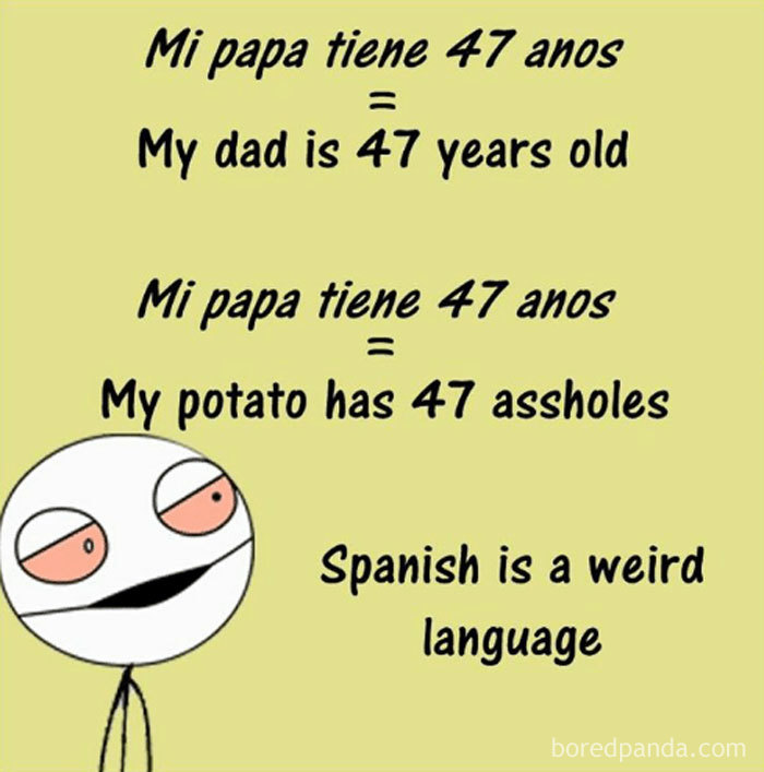 Meme humorously highlighting translation mistakes in the Spanish language.