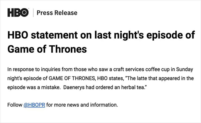 HBO Responds To Leaving That Coffee Cup In Game Of Thrones Scene, Says It's Not Starbucks HBO Responds To Leaving That Coffee Cup In Game Of Thrones Scene, Says It's Not Starbucks