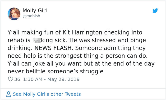 Someone Starts Making Fun Of Kit Harrington Checking Into Rehab, Gets Shut Down By Fans Someone Starts Making Fun Of Kit Harrington Checking Into Rehab, Gets Shut Down By Fans