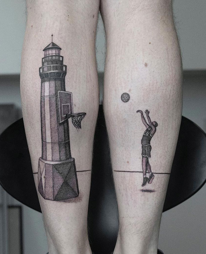 Leg sleeve tattoos featuring a lighthouse with a basketball hoop and player shooting a ball.