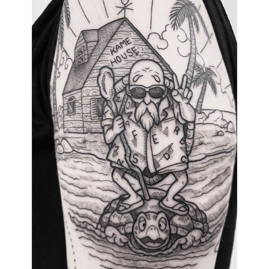 Black and white Dragon Ball tattoo featuring a bearded character Master Roshi standing on a turtle with a house in the background.