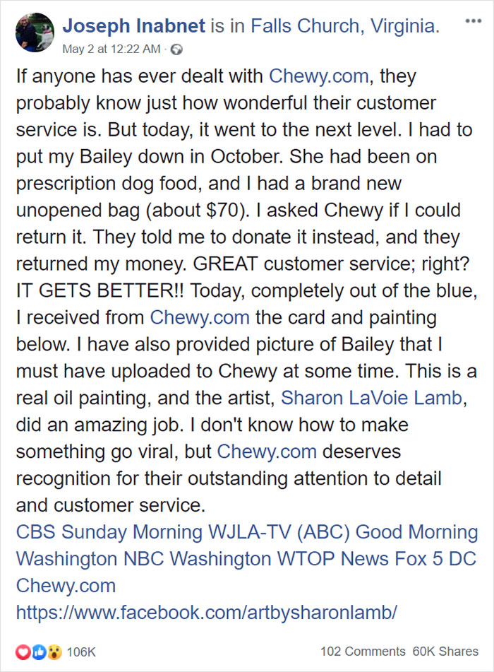 Man Asks Chewy For A Refund On Dog Food After His Dog Passes Away, Gets An Oil Painting With A Message Man Asks Chewy For A Refund On Dog Food After His Dog Passes Away, Gets An Oil Painting With A Message
