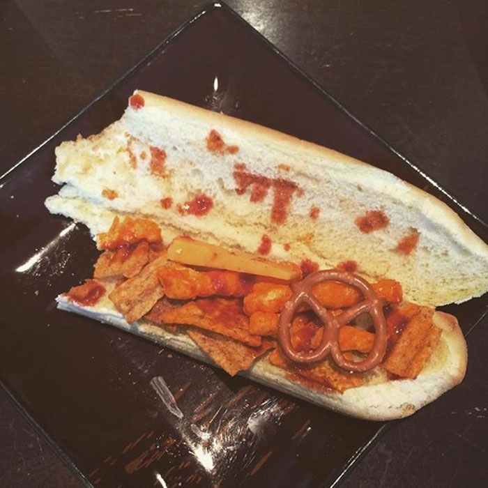 Came Across This At The Office Today… A Magnificently Sad Lunch Consisting Of Someone’s Leftover Hot Dog Bun And Some Chips/Munchies Topped With Some Hot Sauce