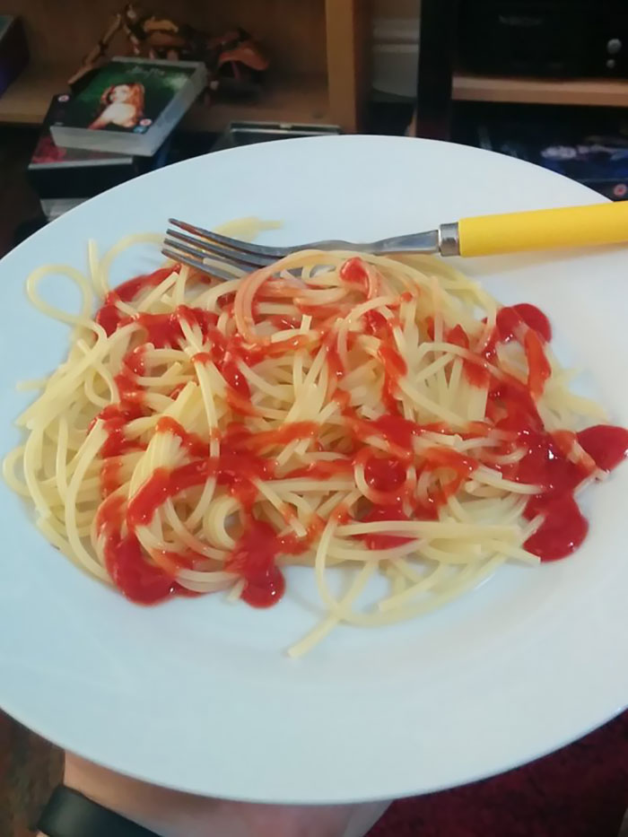 This Might Be The Saddest Plate Of Pasta I've Ever Seen, And Yes, That Is Ketchup