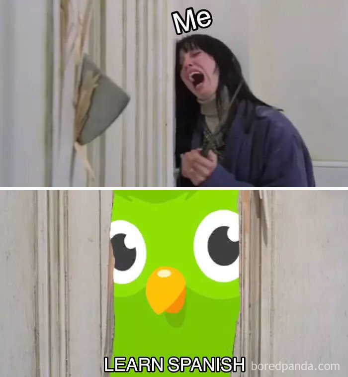 Woman in fear labeled "Me" confronted by Duolingo owl through a broken door with "Learn Spanish" text below.