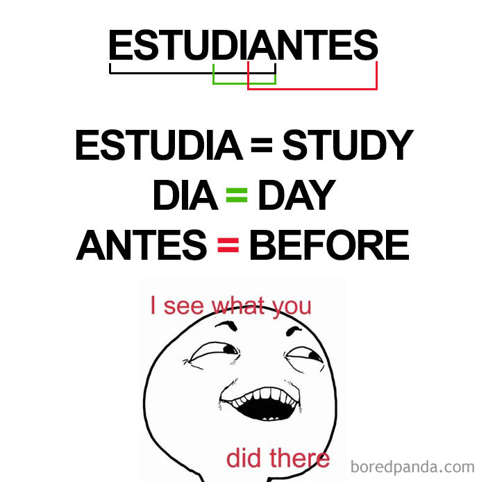 A meme humorously breaking down the Spanish word "estudiantes" into study, day, before, with a laughing face.