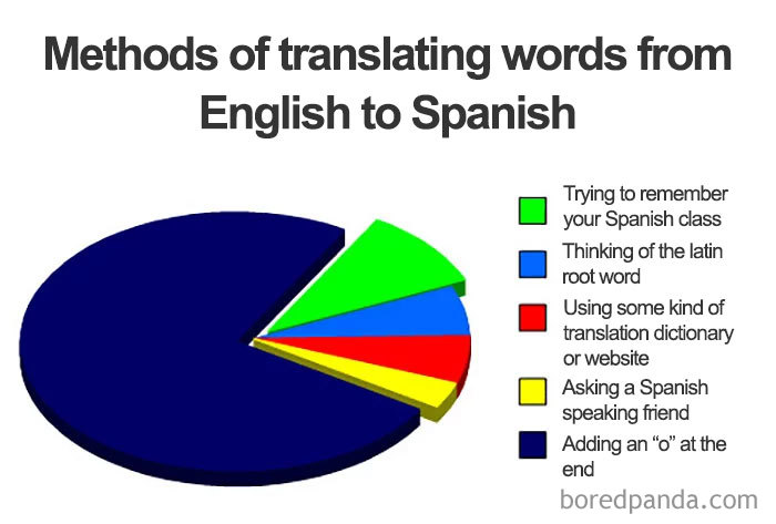 Pie chart humorously depicting Spanish language learning struggles with various translation methods.