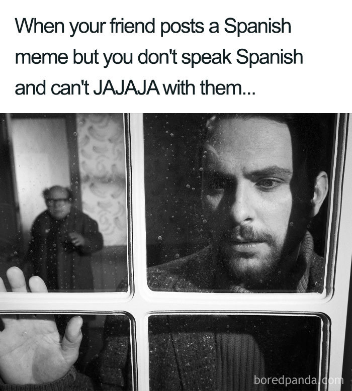Person looking through a window with a caption about struggling with Spanish memes, highlighting the humor in language learning.
