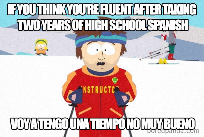 Cartoon character in ski gear humorously mimicking Spanish language mistakes, illustrating funny Spanish memes.