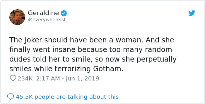 Woman Suggests That A Female Joker Would Be A Convincing Character, And Men Lose Their Minds Woman Suggests That A Female Joker Would Be A Convincing Character, And Men Lose Their Minds