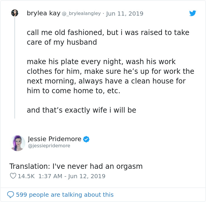 Woman Says She Was Raised To Take Care Of Her Husband, Gets Roasted With 14 Responses Woman Says She Was Raised To Take Care Of Her Husband, Gets Roasted With 14 Responses