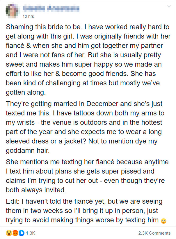 Bride Asks Guest To Cover Her Tattoos For The Wedding, So She Shares Their Full Conversation On Bride Shaming Group Bride Asks Guest To Cover Her Tattoos For The Wedding, So She Shares Their Full Conversation On Bride Shaming Group