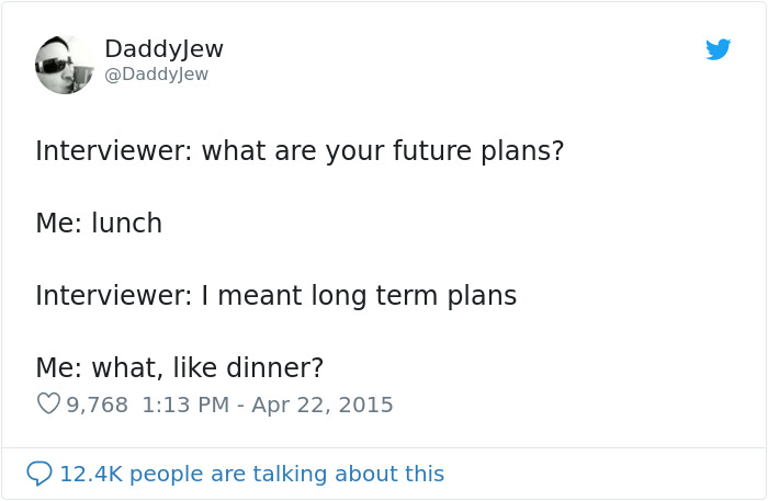 Funny job interview meme about future plans being lunch and dinner.