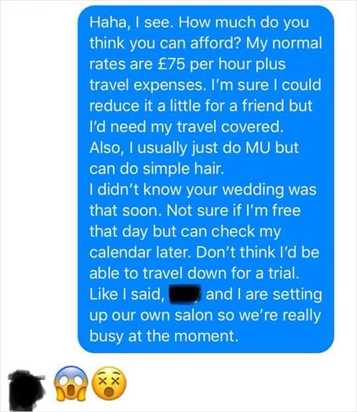 Makeup Artist Shares Screenshots From Entitled Bride That Wanted To Get Makeup And Hair For Exposure