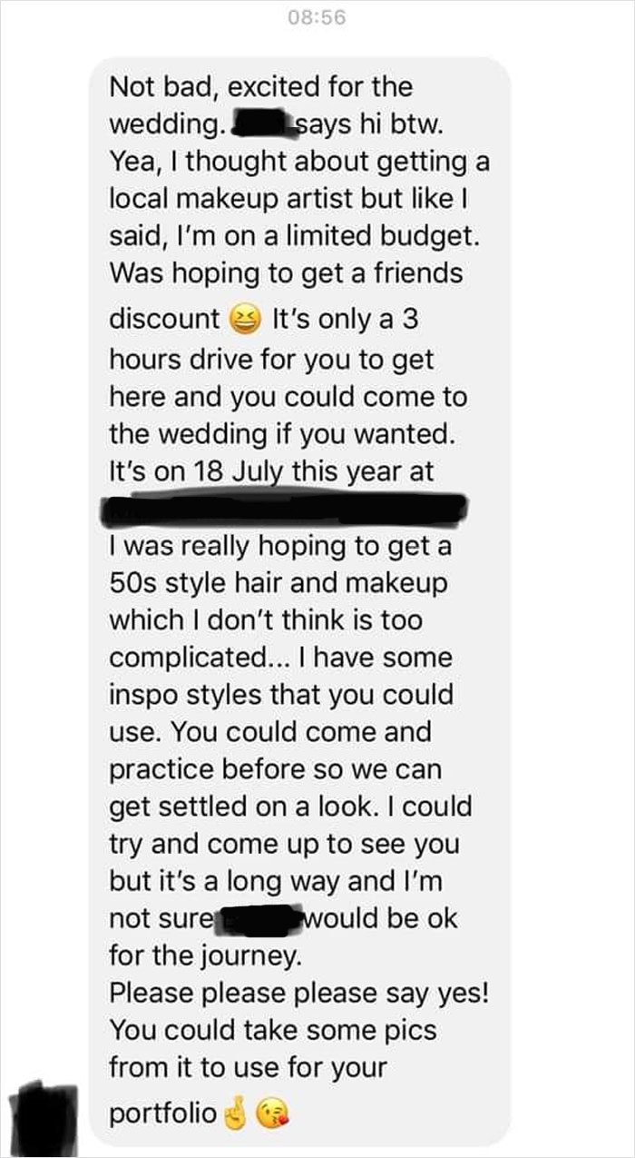 Makeup Artist Shares Screenshots From Entitled Bride That Wanted To Get Makeup And Hair For Exposure