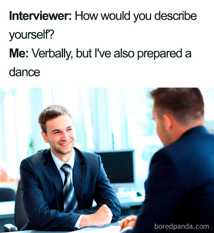 Businessman in a job interview meme, humorously describing himself with a smile and preparing a dance.