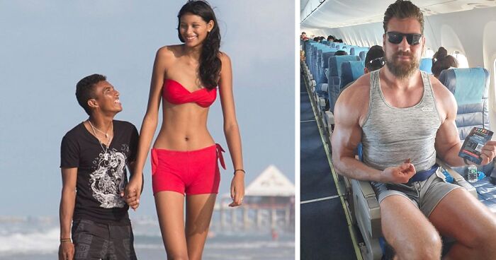 Tall people at the beach and on a plane, illustrating everyday struggles of height differences in casual settings.