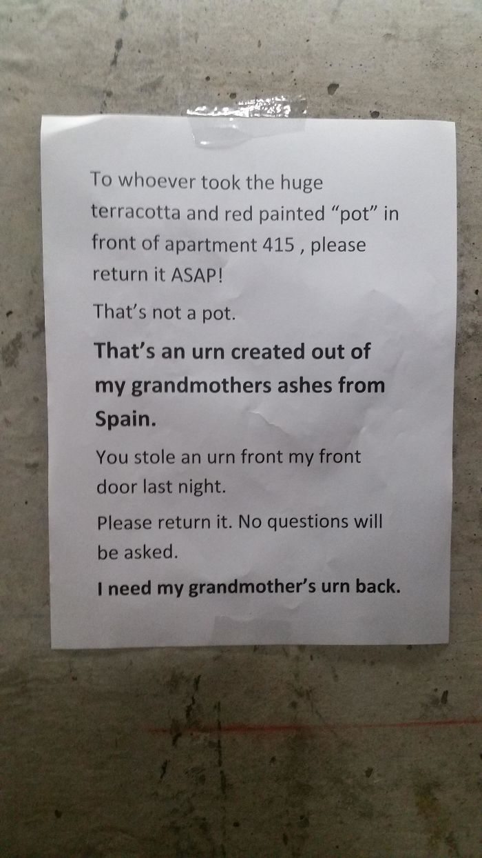 Found This In My Apartment's Stairwell. Give Them Their Granny Back!