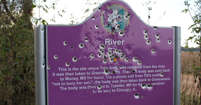 Emmett Till Memorial Sign In Mississippi Shot Full Of Holes