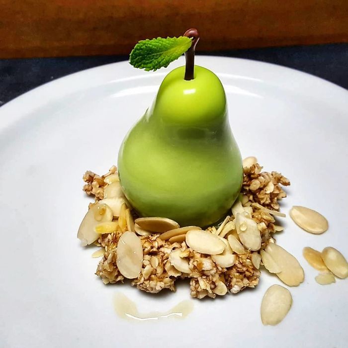 Pear Parfait, Charred Overnight Oats, Almonds, Honey