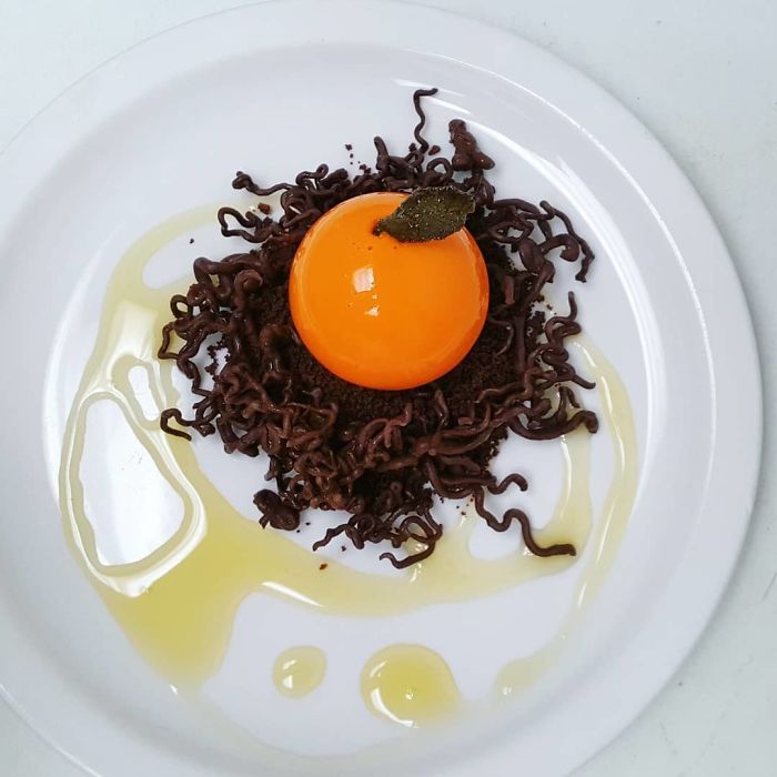 Blood Orange Bavarois, Fanta Syrup, Lemon Balm, Chocolate