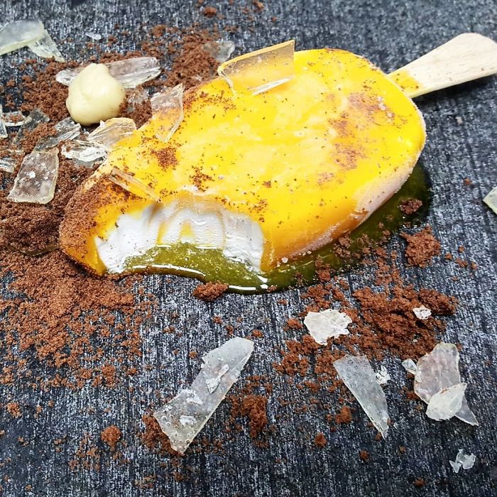 Tropical Fruits Ice Cream, Chocolate Soil, Sugar Glass