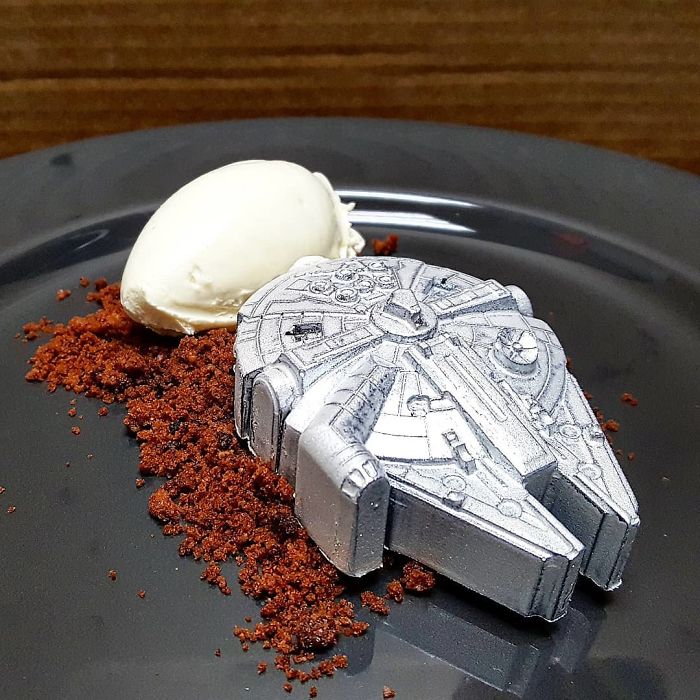 Caramel Filled Millennium Falcon, Chocolate Crumb, Cream