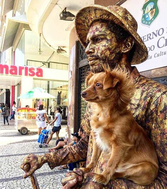 Little Dog Copies Her Bronze Owner In A Bronze Living Statue Performance And It Goes Viral Little Dog Copies Her Bronze Owner In A Bronze Living Statue Performance And It Goes Viral