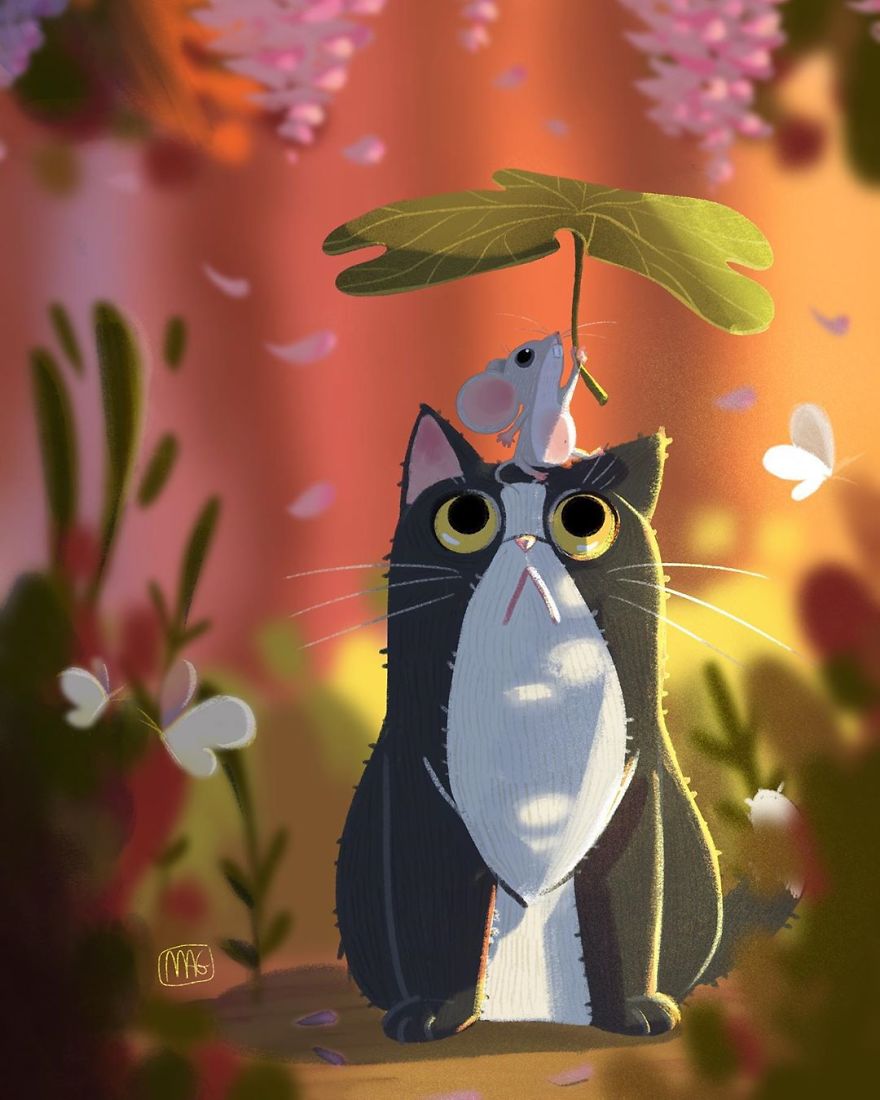 Italian Illustrator Shows In Sweet Illustrations That Even Cats Being Independent, They Can Be His Best Friends