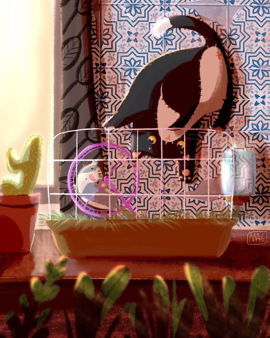 Italian Illustrator Shows In Sweet Illustrations That Even Cats Being Independent, They Can Be His Best Friends