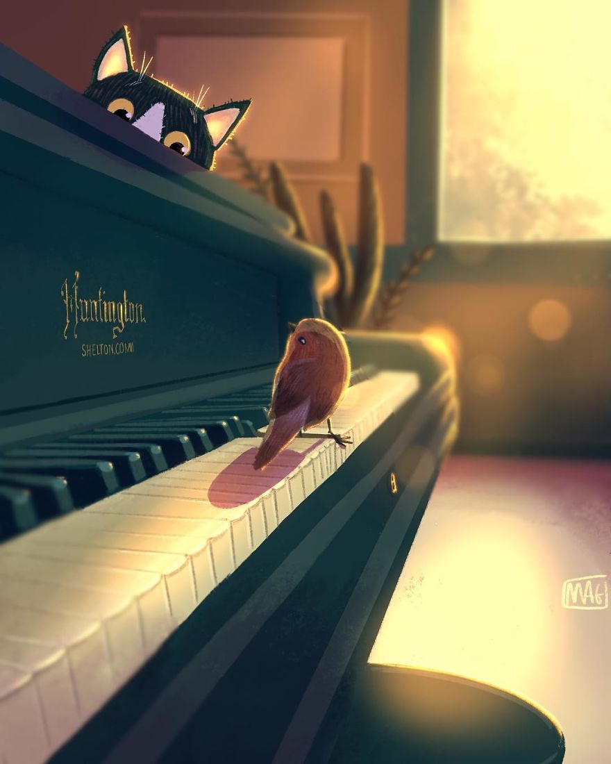 Italian Illustrator Shows In Sweet Illustrations That Even Cats Being Independent, They Can Be His Best Friends