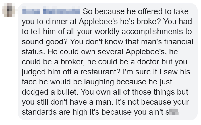 Woman Mocks Guy That Wanted To Take Her On A Date To Applebee's, Gets Destroyed With 19 Responses Woman Mocks Guy That Wanted To Take Her On A Date To Applebee's, Gets Destroyed With 19 Responses
