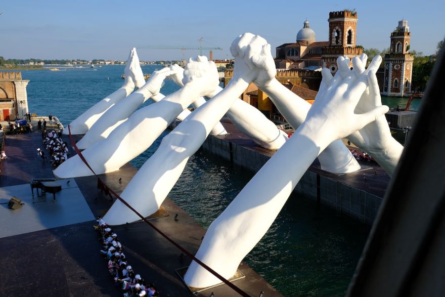Giant Hands Reaching For Each Other Becomes The Newest Monumental Sculpture In Venice