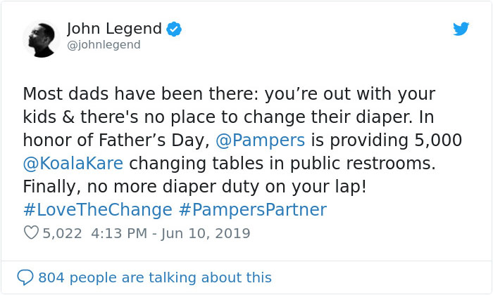 Inspired By Dad’s Viral Photo, John Legend Helps Pampers Install 5,000 Changing Tables In Men’s Restrooms Inspired By Dad’s Viral Photo, John Legend Helps Pampers Install 5,000 Changing Tables In Men’s Restrooms